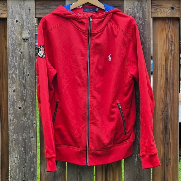 Polo Ralph Lauren Men's Cookie Patch Crest Hoodie Sweatshirt Sz L Full Zip Red - Picture 1 of 10